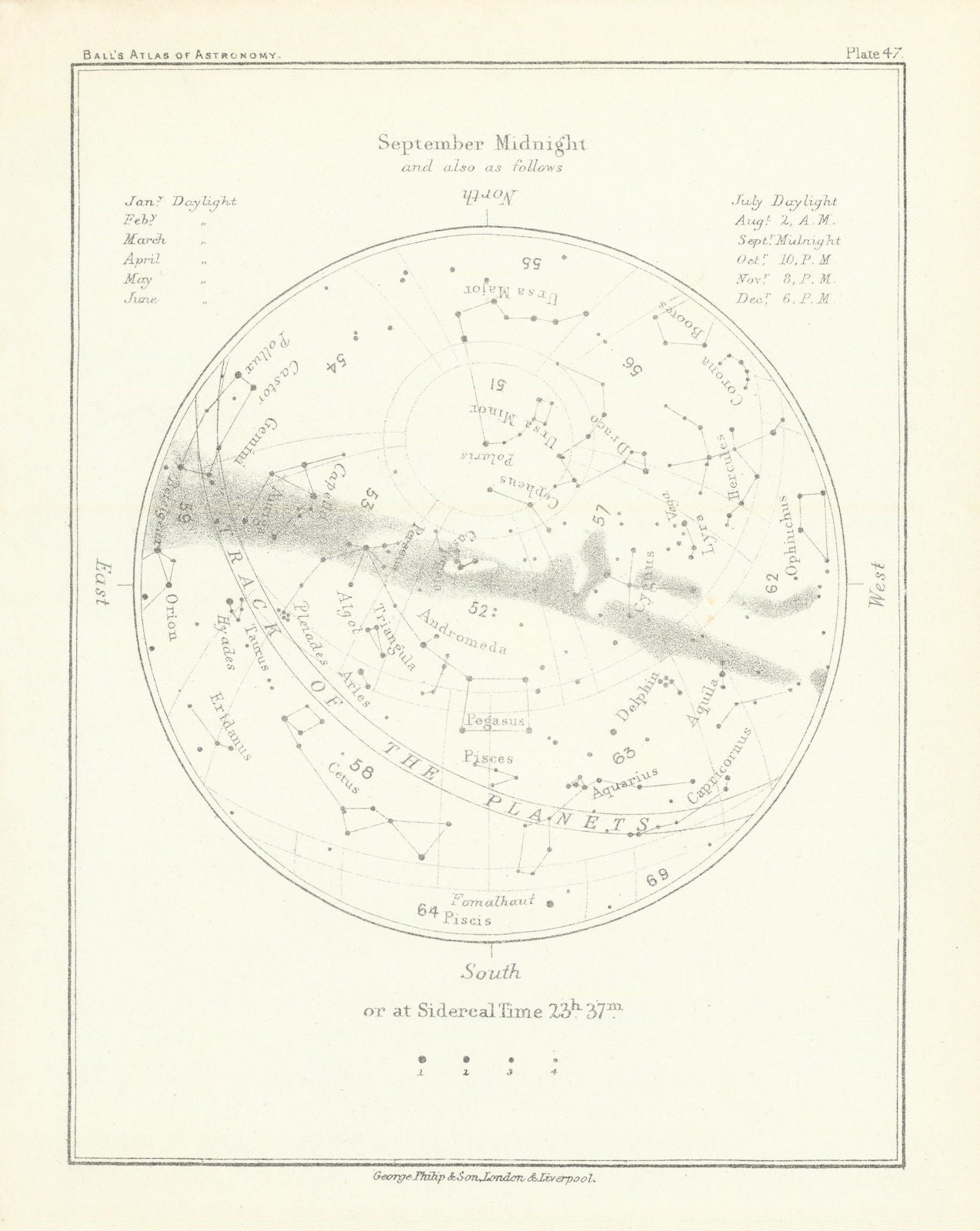 Night Sky Star Chart - September Midnight by Robert Ball. Astronomy 1892 map